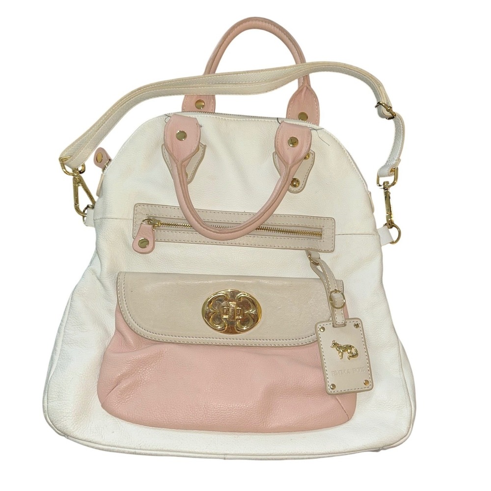 Emma Fox Leather Dome Satchel Handbag Cream Pink Tan Gold Hardware Crossbody